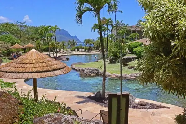 Relax beside the peaceful pool surrounded by lush tropical landscaping