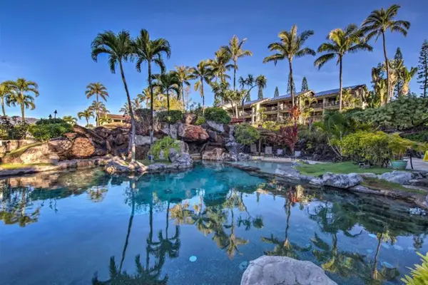 Lagoon pool reflects tropical gardens, palms, and colorful resort surroundings
