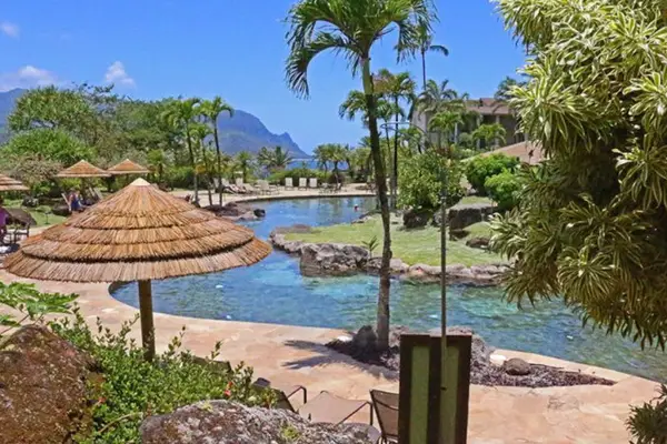 Tropical pool area showcases peaceful waters, gardens, and shaded seating