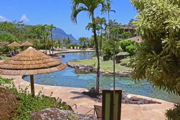Tropical lagoon reflects palms, gardens, and inviting resort surroundings nearby