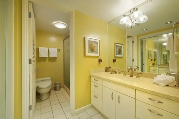 Bright bathroom offers plenty of space for comfortable daily routines