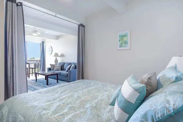 Comfortable Bed, Decorative Pillows, Wall Artwork & Living Room View