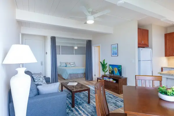 Comfortable Seating, Accent Lighting, Overhead Fan & Window Drapes