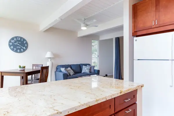 Granite Counter Island, Full Refrigerator, Cabinets & Living Room View