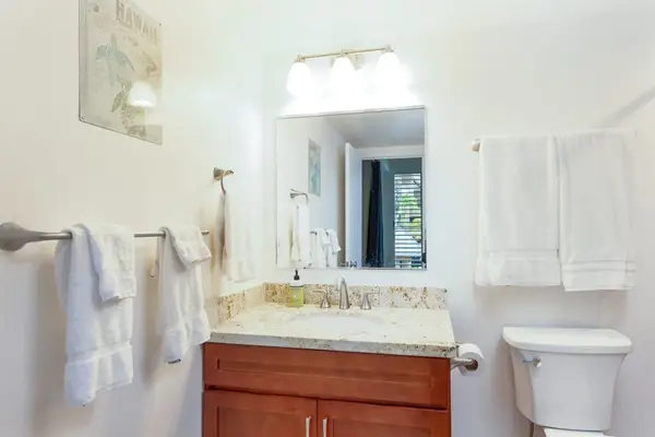 Vanity Sink, Vanity Mirror, Toilet & Bath Towels