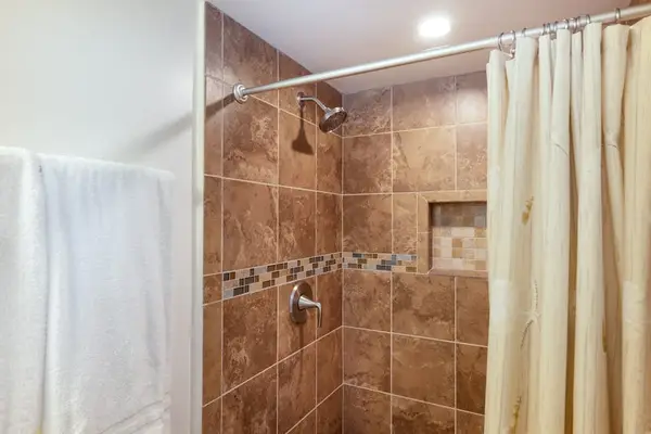 Tiled Shower Enclosure, Built-In Toiletries Niche & Shower Curtain