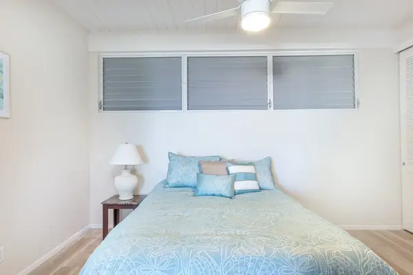 Comfortable Bed, Bedside Lamp, Ceiling Fan & Privacy Window Shades