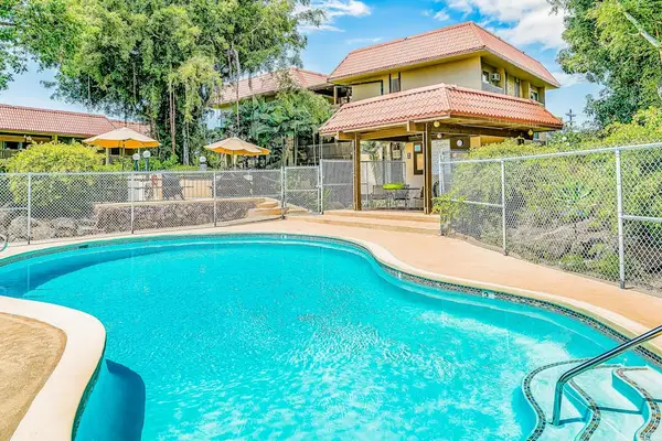 Large Curved Swimming Pool, Safety Fence, Pool Deck & Building Views