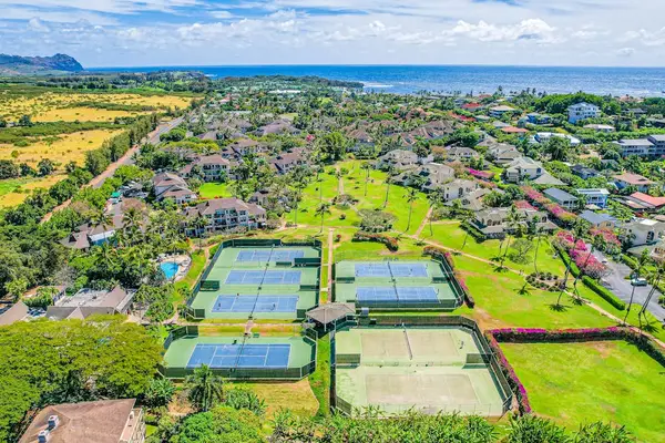 Aerial Overview of On-Site Tennis Courts & Oceanfront Resort Grounds
