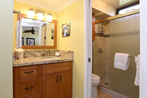 This bathroom features a granite countertop vanity with wood cabinetry.