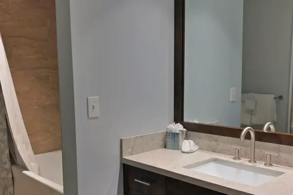 Bathroom vanity features sink, mirror, toiletries, wooden cabinetry, and accessories