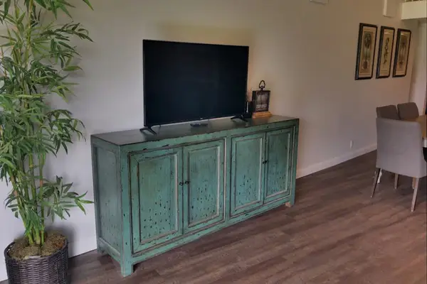 Living room television area includes storage, artwork, and comfortable seating