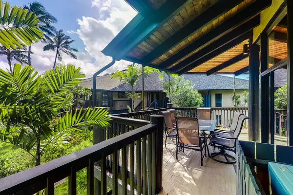 Take in garden views from this peaceful covered lanai