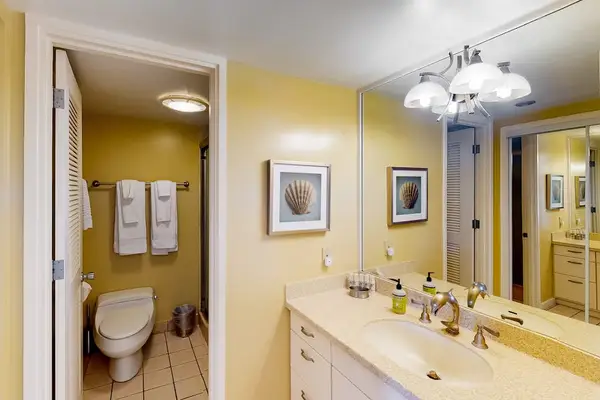Bathroom vanity area includes twin sinks, mirrors, and decorative artwork