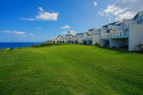 Oceanfront lawn with lush green grass, perfect for a peaceful walk