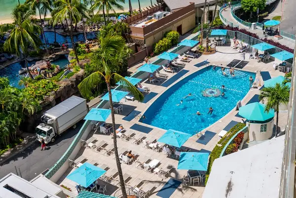 Take in the shared pool from an impressive aerial island perspective above
