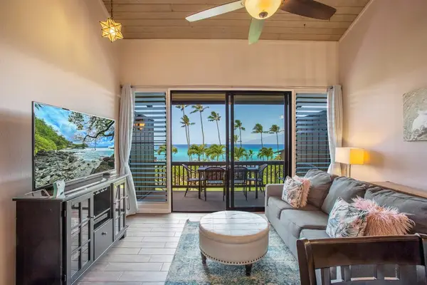 Living room with flat screen tv, sleeper sofa and rays of light streaming in from the lanai.