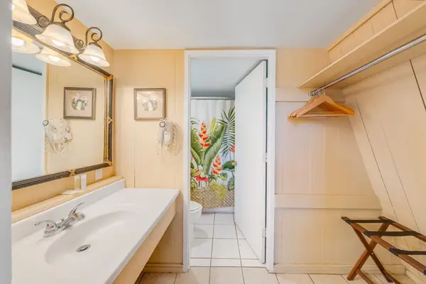Full bathroom vanity offers mirror storage and bright wood finishes