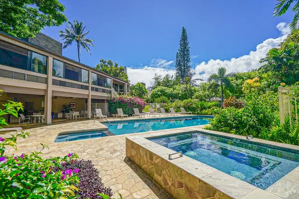 Tropical pool setting provides refreshing water, lounging space, and sunny views