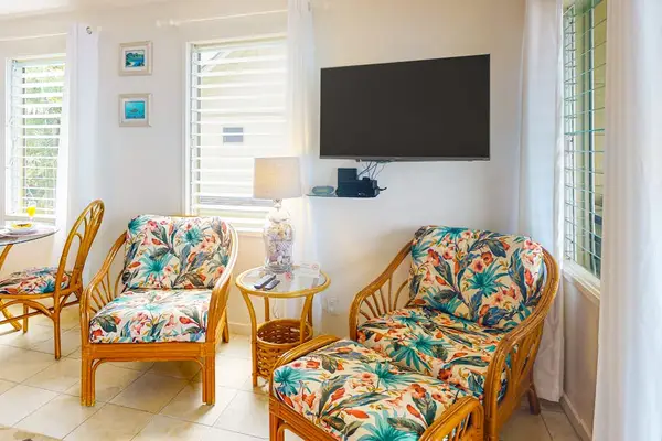 Cozy living room with comfortable seating and Smart TV.