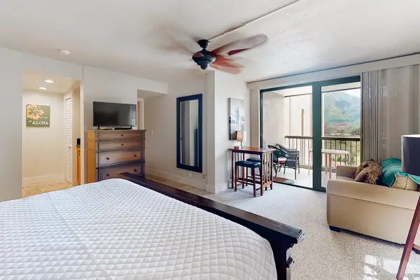 Studio features king bed, ceiling fan, and scenic balcony views