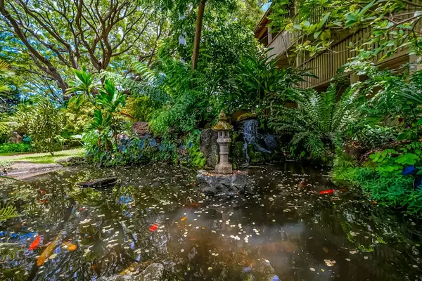 Waikomo Stream Villas Resort with lush tropical foliage.