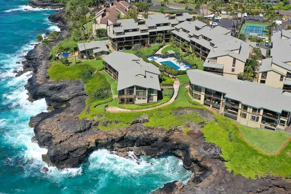 Aerial view of the Makahuena at Poipu resort on the bluff