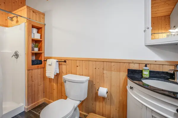 Bright bathroom with spacious vanity for getting ready