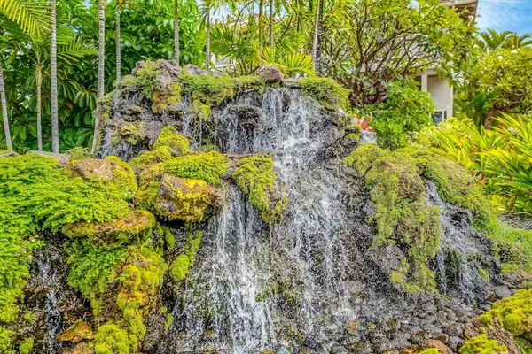 Cascading Rock Waterfall Feature surrounded by Lush Tropical Greenery