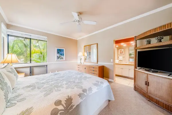 Bedroom Space with Media Cabinet, Flat-Screen TV & Garden Window