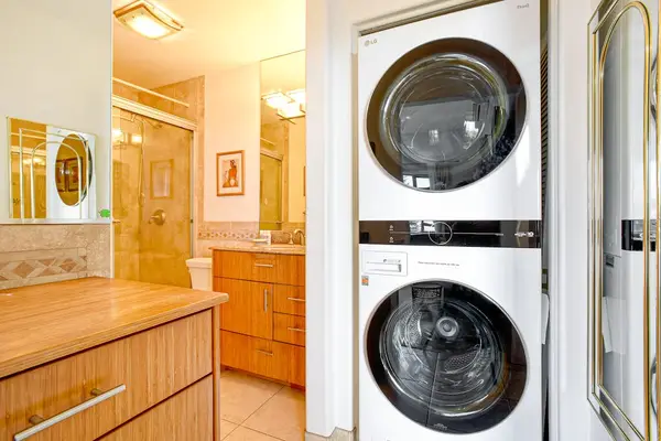 In-home stackable washer and dryer let you pack light and enjoy the convenience of doing laundry during your stay.