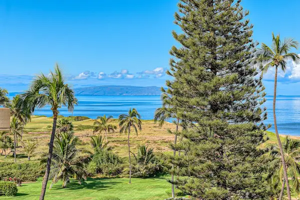 Perfectly manicured lawns with tropical foliage against the backdrop of the Pacific Ocean.