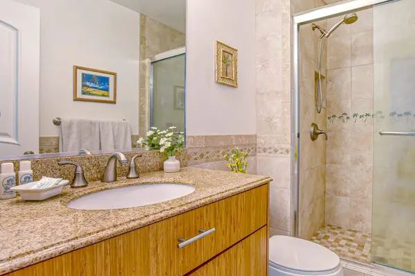 Updated guest bathroom with walk-in shower.