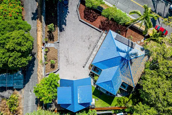 Aerial View of Property Grounds, Blue Roof Architecture & Private Driveway