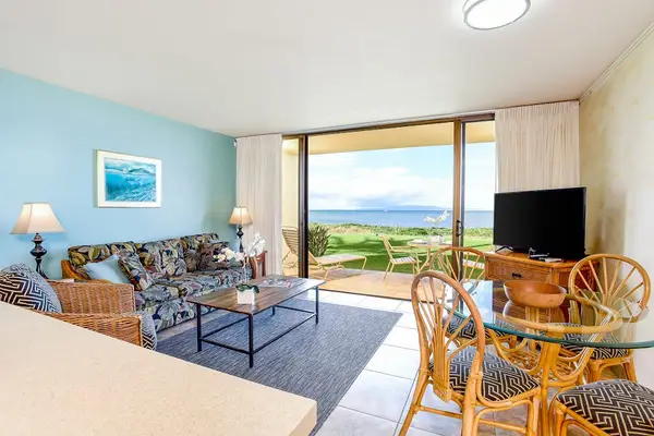 Oceanfront living room with private scenic lanai