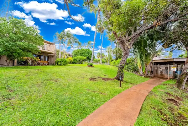 Tropical garden path winds through green lawns beneath island trees