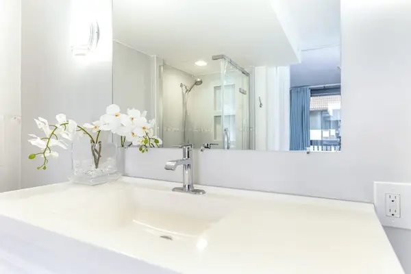 Modern Bathroom Vanity with Large Mirror and Decorative Accents