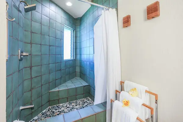 Walk-in shower featuring beautiful blue tile.