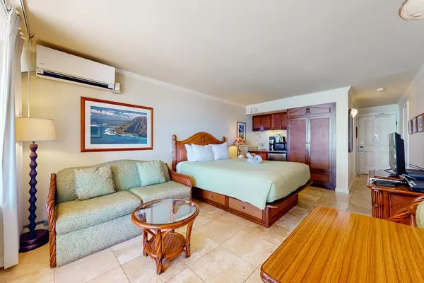 Well-equipped studio with a spacious closet, kitchenette, air conditioning, and comfortable seating.