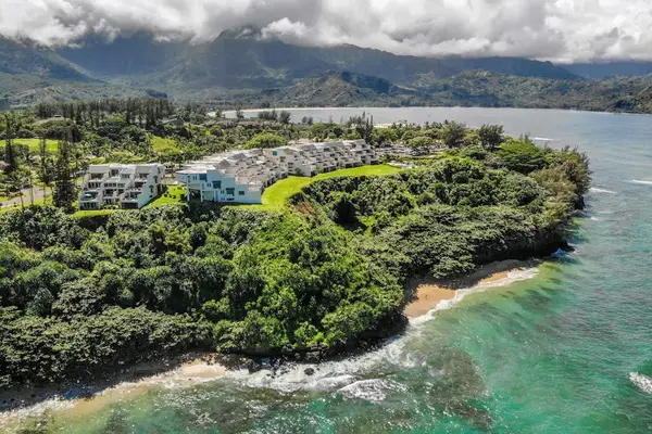 Panoramic aerial view of the resort and Pacific coastline