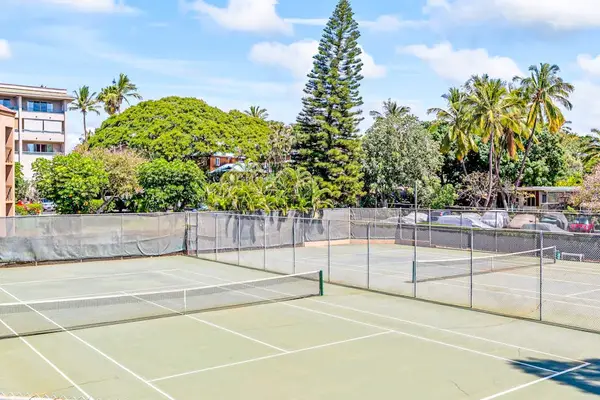 Well-maintained tennis court surrounded by tropical landscaping
