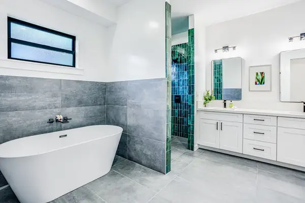 Walk-in tiled shower with modern design