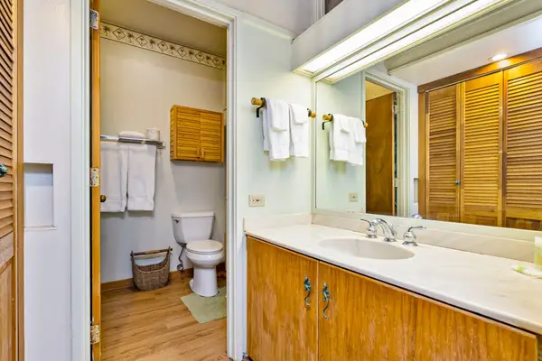 Bathroom vanity area includes mirror counter storage and warm lighting