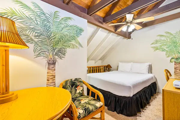 Elevated loft queen bed provides comfortable sleeping area with relaxing ambiance throughout