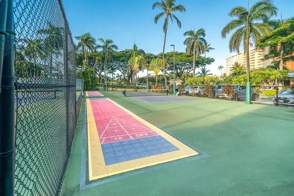 Shared resort shuffleboard court, a fun outdoor activity for the whole family.