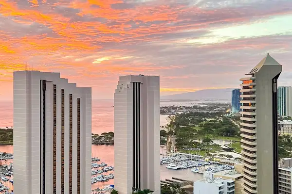 Sunset paints the marina in golden hues