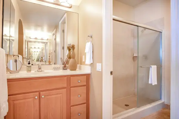 Primary En-Suite Bath featuring Large Vanity & Glass Walk-In Shower