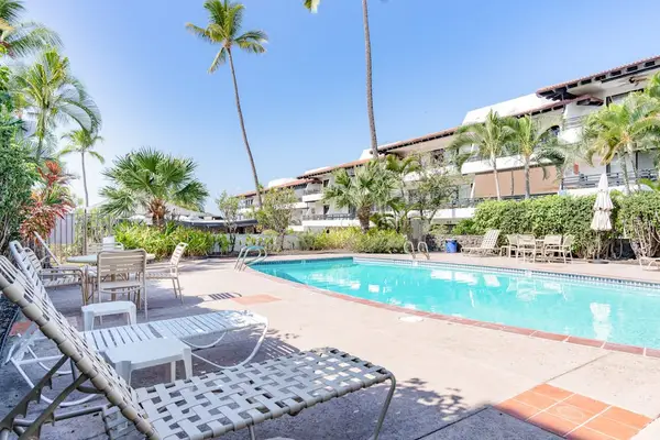 Poolside Lounge Chairs with Swimming Pool & Tropical Palm Tree Views