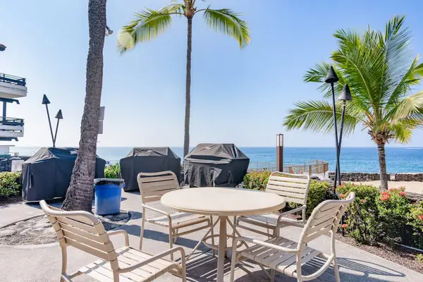Oceanfront Patio & BBQ Area with Outdoor Dining & Palm Trees
