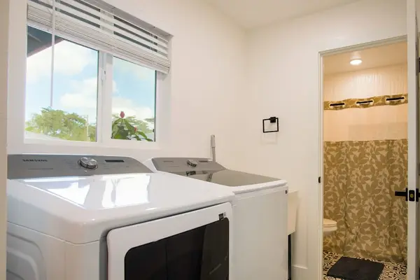 In-home washer and dryer let you pack light and enjoy the convenience of doing laundry during your stay and a half bathroom.